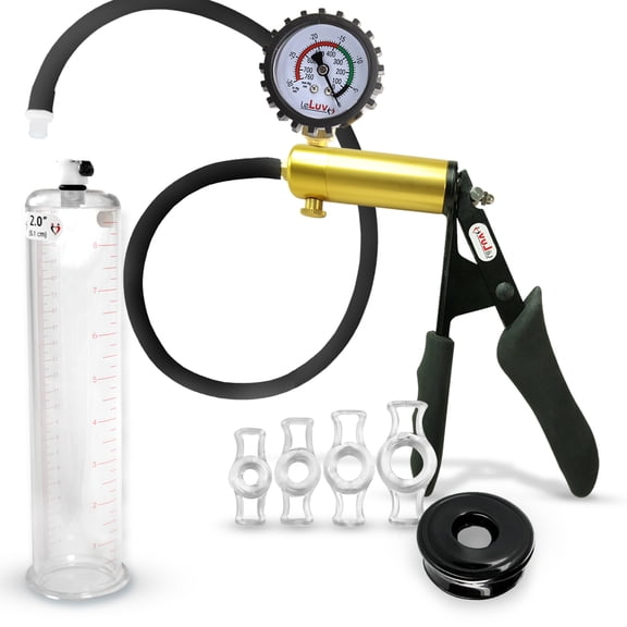 LeLuv® Premium Ultima Penis Pump, Brass Handle w/ Black Silicone Grips & Hose + Protected Gauge | Silicone, 4 Cock Rings | 9" x 2.00" Cylinder