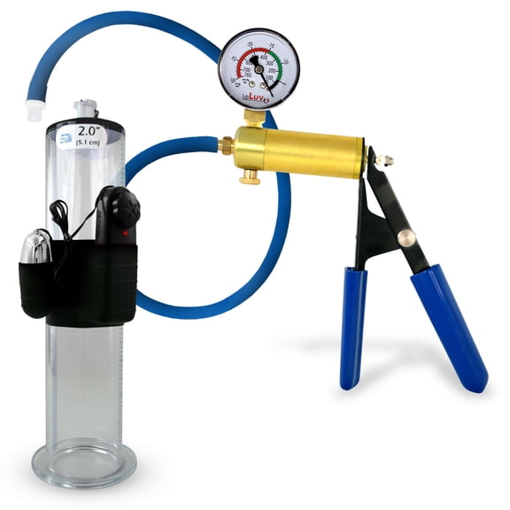 LeLuv® Premium Ultima Penis Pump, Brass w/ Blue Rubber Grips, Silicone Hose + Gauge | 9" x 2.00" Vibrating Cylinder Wide Flange Cylinder