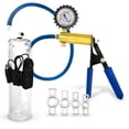 thumbnail image 1 of LeLuv® Premium Ultima Penis Pump, Brass w/ Blue Rubber Grips, Silicone Hose + Protected Gauge | 4 Cock Rings | 9" x 2.25" Vibrating Cylinder, 1 of 9