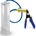 thumbnail image 1 of LeLuv® Premium Ultima Penis Pump, Brass w/ Blue Silicone Grips & Hose | 12" x 3.25" Cylinder, 1 of 8
