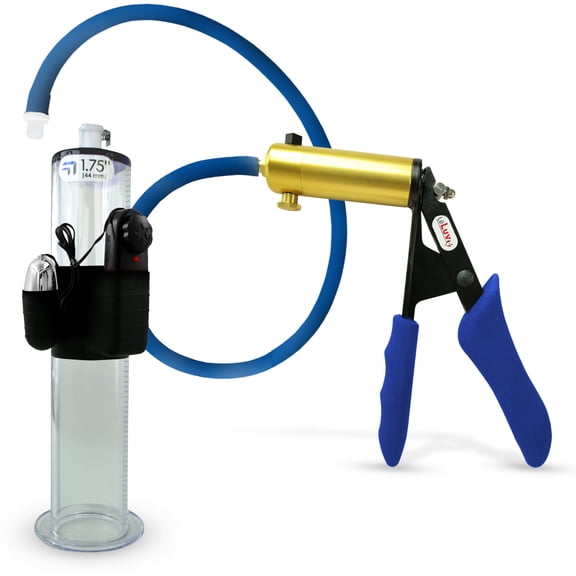 LeLuv® Premium Ultima Penis Pump, Brass w/ Blue Silicone Grips & Hose | 9" x 1.75" Vibrating Cylinder Wide Flange Cylinder