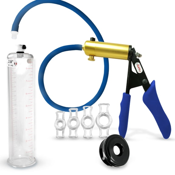 LeLuv® Premium Ultima Penis Pump, Brass w/ Blue Silicone Grips & Hose | TPR Seal, 4 Cock Rings | 9" x 2.00" Cylinder