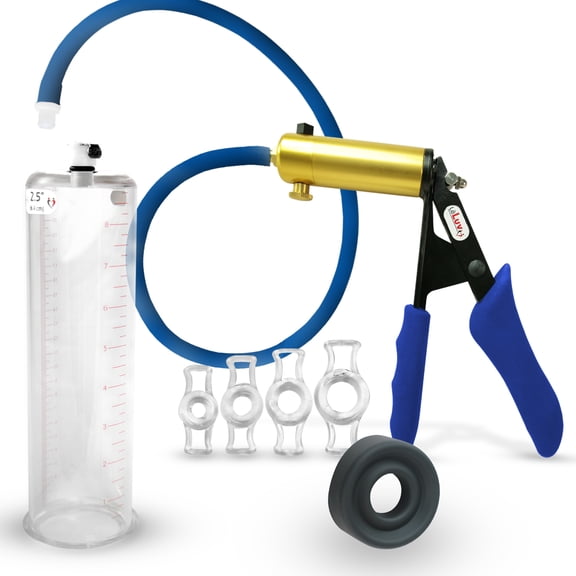LeLuv® Premium Ultima Penis Pump, Brass w/ Blue Silicone Grips & Hose | TPR Seal, 4 Cock Rings | 9" x 2.50" Cylinder