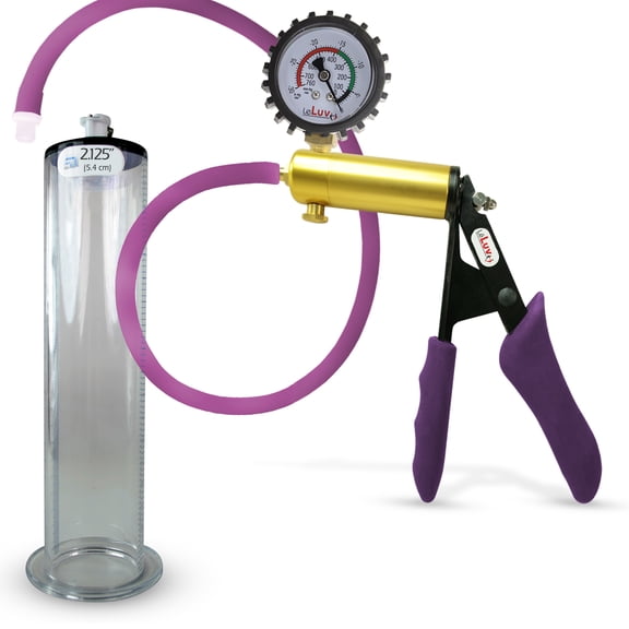 LeLuv® Premium Ultima Penis Pump, Brass w/ Purple Silicone Grips & Hose + Protected Gauge | 9" x 2.125" Cylinder Wide Flange Cylinder