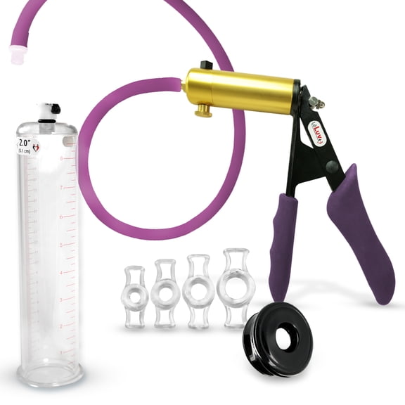 LeLuv® Premium Ultima Penis Pump, Brass w/ Purple Silicone Grips & Hose | TPR Seal, 4 Cock Rings | 9" x 2.00" Cylinder