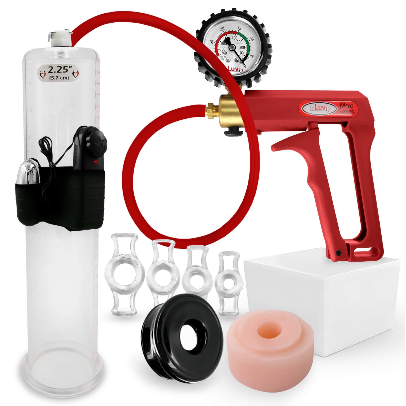 LeLuv Premium Vibrating Penis Pump Maxi Red + Protected Gauge