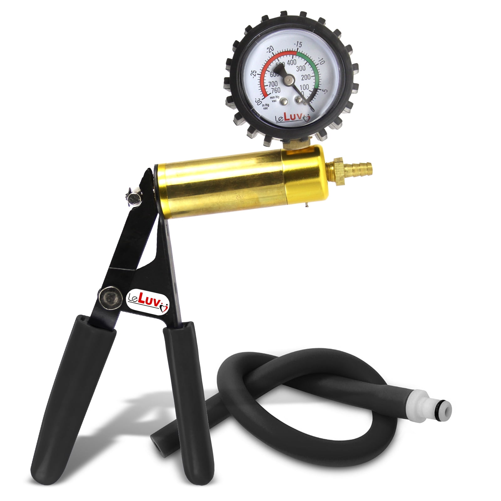 LeLuv Ultima Black Brass Vacuum Pump Handle with Protected Gauge & Black Silicone Hose & Fitting