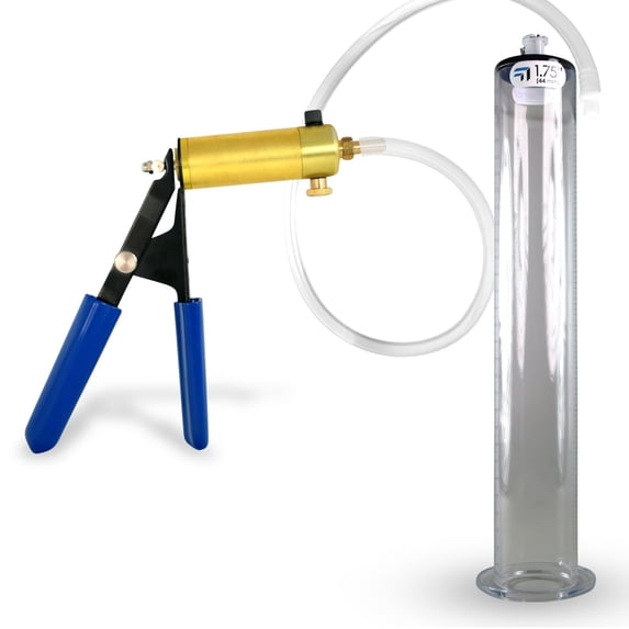 LeLuv® Ultima Brass Penis Pump Kit w/ Blue Rubber Grips, Clear Hose | 12" x 1.75" Cylinder Wide Flange