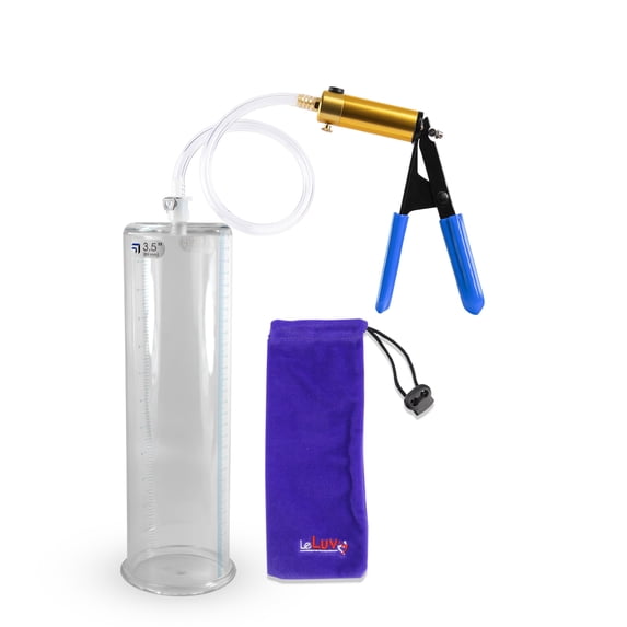 LeLuv® Ultima Brass Penis Pump Kit w/ Blue Rubber Grips, Clear Hose | 12" x 3.50" Cylinder
