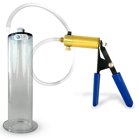 LeLuv Ultima Brass Penis Pump Kit w/ Blue Rubber Grips, Clear Hose | 9" Length x 2.25" Cylinder Wide Flange