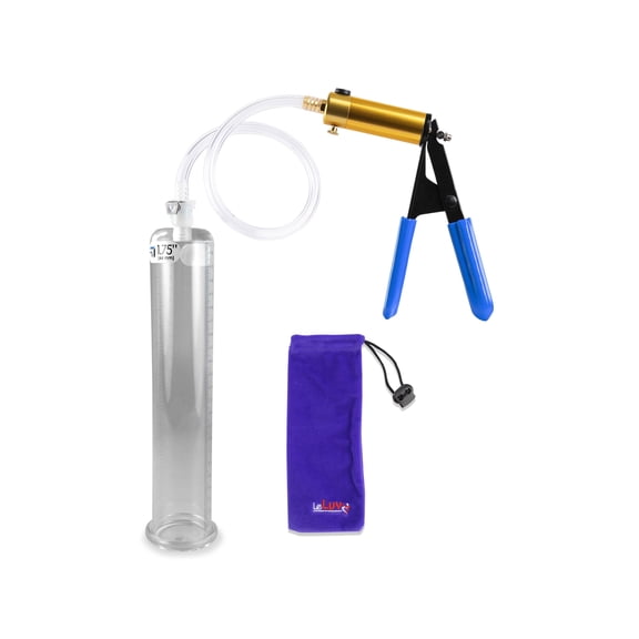 LeLuv Ultima Brass Penis Pump Kit w/ Blue Rubber Grips, Clear Hose | 9" x 1.75" Cylinder