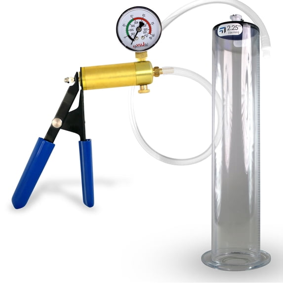 LeLuv® Ultima Brass Penis Pump Kit w/ Blue Rubber Grips, Clear Hose + Gauge | 12" x 2.25" Cylinder Wide Flange