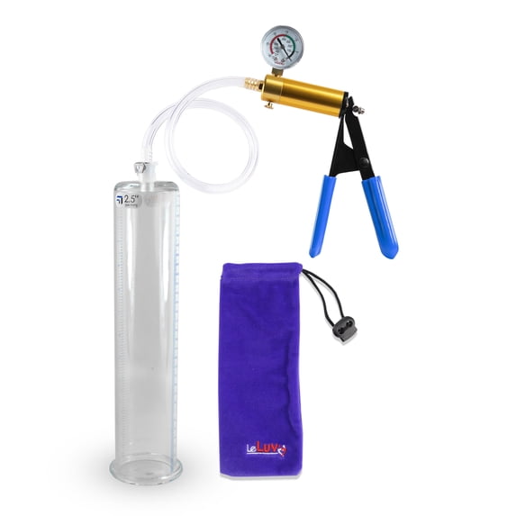 LeLuv® Ultima Brass Penis Pump Kit w/ Blue Rubber Grips, Clear Hose + Gauge | 12" x 2.50" Cylinder