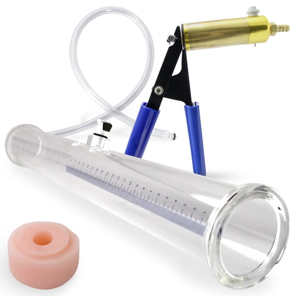 LeLuv Ultima Buddy Penis Pump with Blue Handle | Double-Ended 18 inch x 2.0 inch Diameter Double-Ended Cylinder | 2x Silicone Donut
