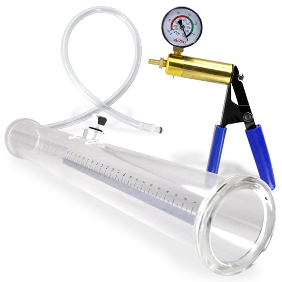 LeLuv Ultima Buddy Penis Pump with Blue Handle | Handle with Vacuum Gauge | 16 inch x 2.0 inch Diameter Double-Ended Cylinder