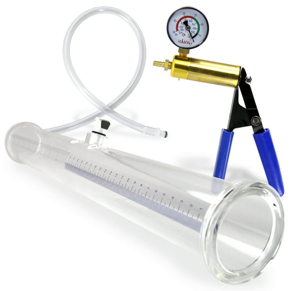 LeLuv Ultima Buddy Penis Pump with Blue Handle | Handle with Vacuum Gauge | 20 inch Length x 1.75 inch Diameter Double-Ended Cylinder