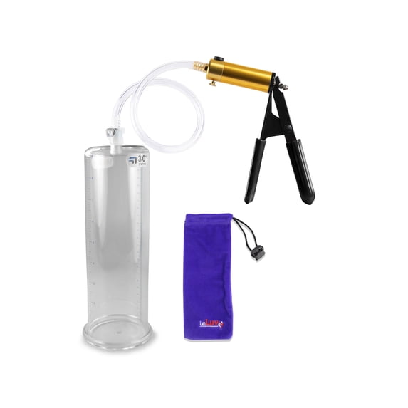 LeLuv® Ultima Penis Pump, Brass Handle w/ Black Rubber Grips, Clear Hose | 9" x 3.00" Cylinder