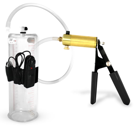 LeLuv® Ultima Penis Pump, Brass Handle w/ Black Rubber Grips, Clear Hose | 9" x 3.00" Vibrating Cylinder