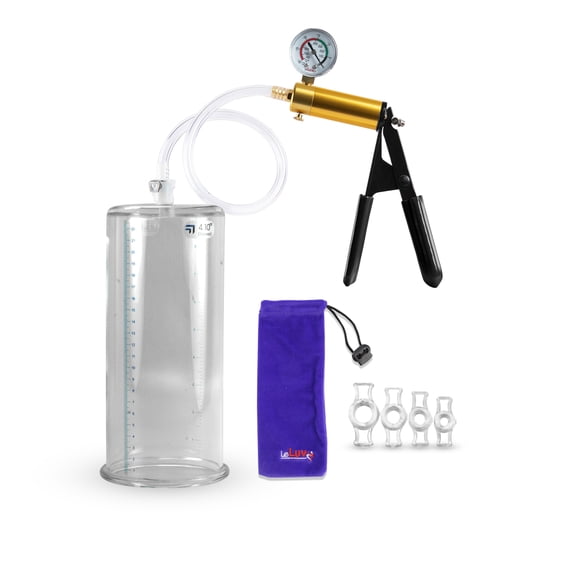LeLuv® Ultima Penis Pump, Brass Handle w/ Black Rubber Grips, Clear Hose + Gauge | 4 Constriction Rings | 9" x 4.10" Cylinder
