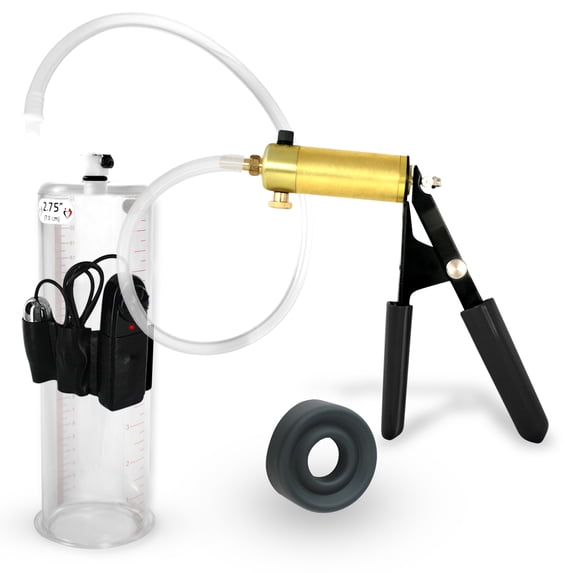 LeLuv® Ultima Penis Pump, Brass Handle w/ Black Rubber Grips, Clear Hose | TPR Seal | 9" x 2.75" Vibrating Cylinder