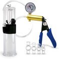 thumbnail image 1 of LeLuv® Ultima Penis Pump, Brass Handle w/ Blue Silicone Grips, Clear Hose + Gauge | 4 Cock Rings | 12" x 3.00" Vibrating Cylinder, 1 of 10