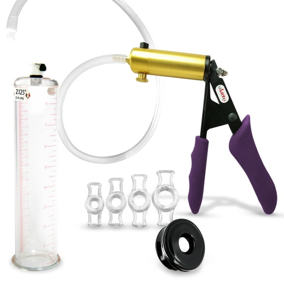 LeLuv® Ultima Penis Pump, Brass w/ Purple Silicone Grips | TPR Seal, 4 Cock Rings | 9" x 2.125" Cylinder