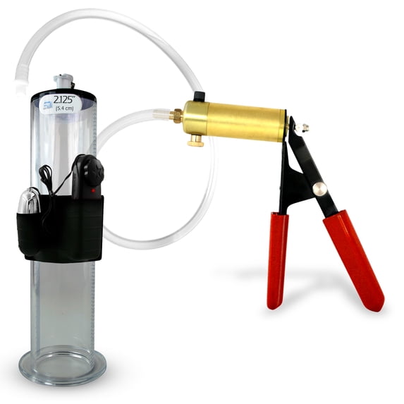 LeLuv® Ultima Penis Pump, Brass w/ Red Handle, Rubber Grip, Clear Hose | 9" x 2.125" Vibrating Wide Flange Cylinder