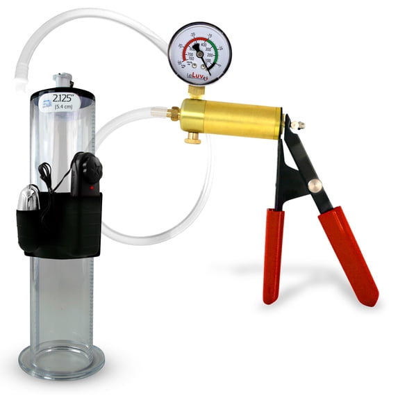 LeLuv® Ultima Penis Pump, Brass w/ Red Handle, Rubber Grip, Clear Hose + Gauge | 9" x 2.125" Vibrating Cylinder Wide Flange Cylinder