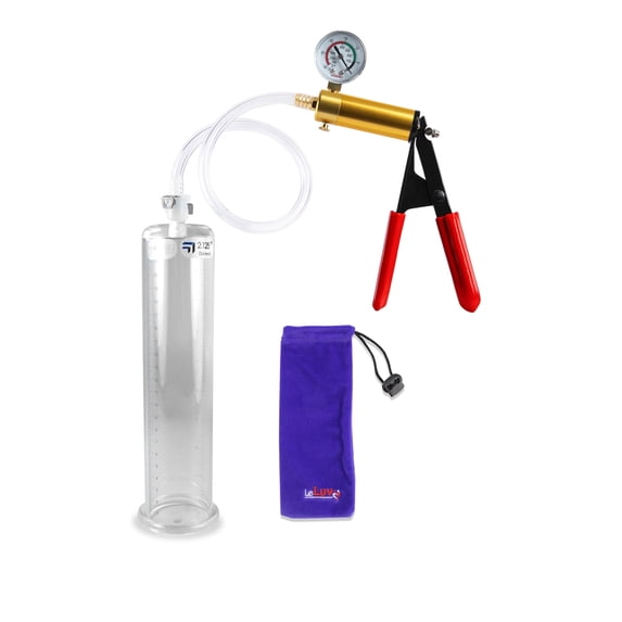 LeLuv® Ultima Penis Pump, Brass w/ Red Handle, Rubber Grip, Clear Hose + Guage | 9" x 2.125" Cylinder