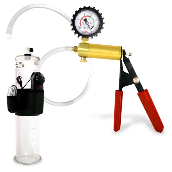 LeLuv® Ultima Penis Pump, Brass w/ Red Handle, Rubber Grip, Clear Hose + Protected Gauge | 9" x 2.125" Vibrating Cylinder