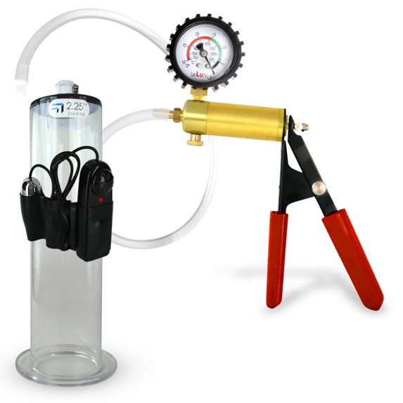 LeLuv® Ultima Penis Pump, Brass w/ Red Handle, Rubber Grip, Clear Hose + Protected Gauge | 9" x 2.25" Vibrating Cylinder Wide Flange