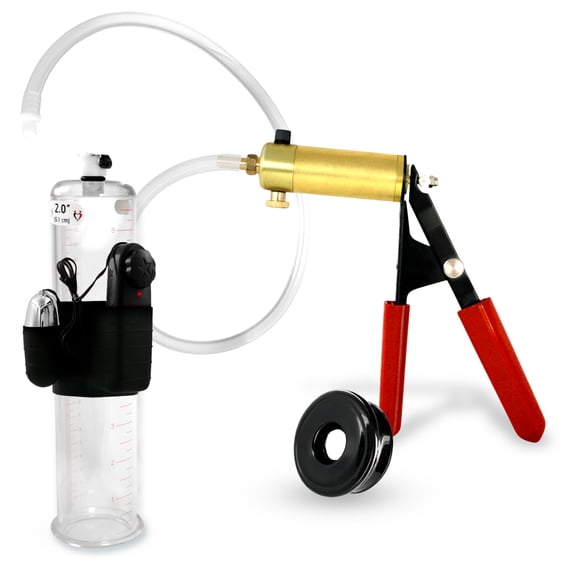 LeLuv® Ultima Penis Pump, Brass w/ Red Handle, Rubber Grip, Clear Hose | TPR Seal | 9" x 2.00" Vibrating Cylinder