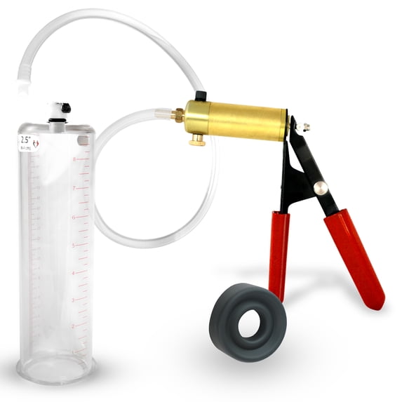 LeLuv® Ultima Penis Pump, Brass w/ Red Handle, Rubber Grip, Clear Hose | TPR Seal | 9" x 2.50" Cylinder