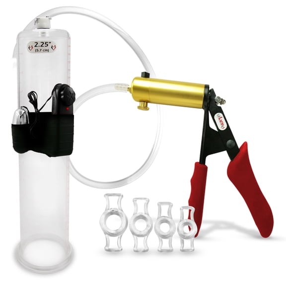 LeLuv Ultima Penis Pump, Brass w/ Red Handle, Silicone Grip, Clear Hose | 4 Cock Rings | 12" x 2.25" Vibrating Cylinder