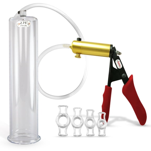LeLuv Ultima Penis Pump, Brass w/ Red Handle, Silicone Grip, Clear Hose | 4 Cock Rings | 12" x 2.75" Cylinder