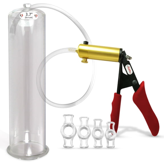 LeLuv Ultima Penis Pump, Brass w/ Red Handle, Silicone Grip, Clear Hose | 4 Cock Rings | 12" x 3.70" Cylinder
