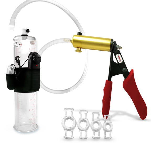 LeLuv Ultima Penis Pump, Brass w/ Red Handle, Silicone Grip, Clear Hose | 4 Cock Rings | 9" x 2.00" Vibrating Cylinder