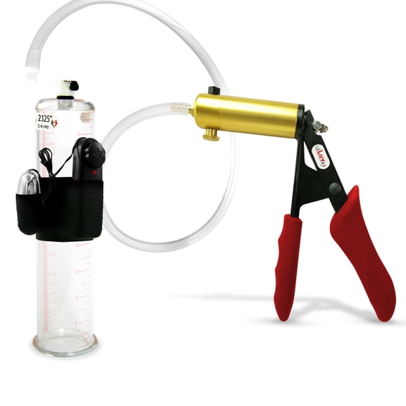 LeLuv Ultima Penis Pump, Brass w/ Red Handle, Silicone Grip, Clear Hose | 9" x 2.125" Vibrating Cylinder
