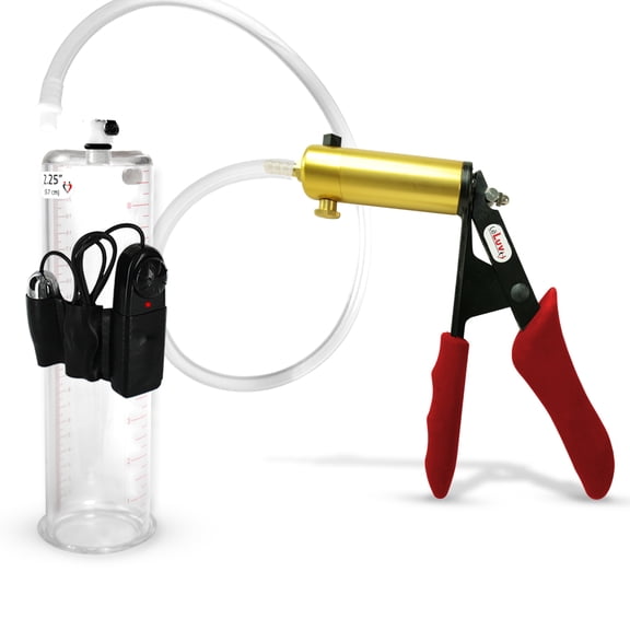 LeLuv Ultima Penis Pump, Brass w/ Red Handle, Silicone Grip, Clear Hose | 9" x 2.25" Vibrating Cylinder