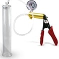 thumbnail image 1 of LeLuv Ultima Penis Pump, Brass w/ Red Handle, Silicone Grip, Clear Hose + Gauge | 12" x 2.00" Cylinder, 1 of 8