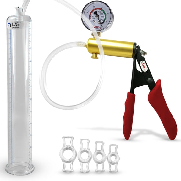 LeLuv Ultima Penis Pump, Brass w/ Red Handle, Silicone Grip, Clear Hose + Gauge | 4 Cock Rings | 12" x 1.75" Cylinder