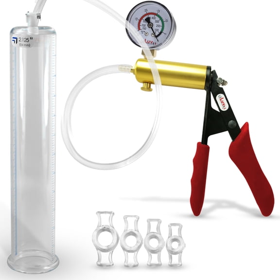 LeLuv Ultima Penis Pump, Brass w/ Red Handle, Silicone Grip, Clear Hose + Gauge | 4 Cock Rings | 12" x 2.125" Cylinder