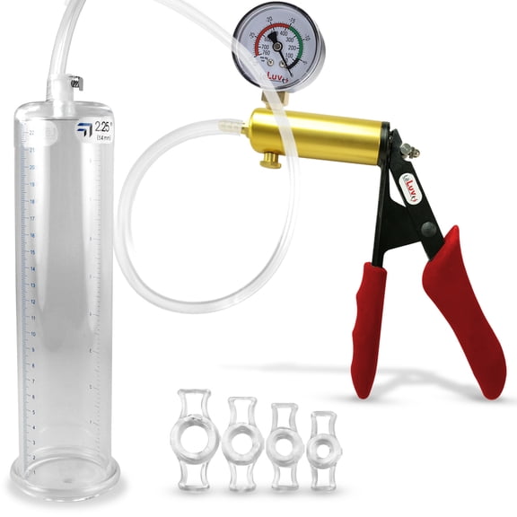LeLuv Ultima Penis Pump, Brass w/ Red Handle, Silicone Grip, Clear Hose + Gauge | 4 Cock Rings | 9" x 2.25" Cylinder