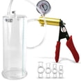 thumbnail image 1 of LeLuv Ultima Penis Pump, Brass w/ Red Handle, Silicone Grip, Clear Hose + Gauge | 4 Cock Rings | 9" x 3.50" Cylinder, 1 of 9