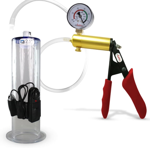 LeLuv Ultima Penis Pump, Brass w. Red Handle, Silicone Grip, Clear Hose + Gauge | 9" x 2.50" Vibrating Cylinder Wide Flange Cylinder