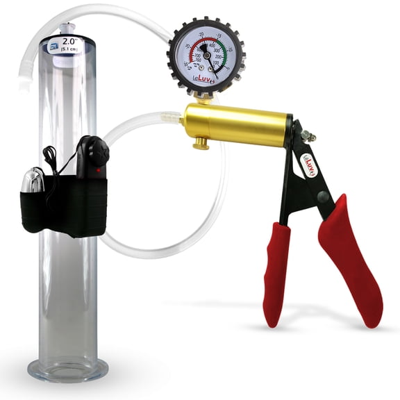 LeLuv Ultima Penis Pump, Brass w/ Red Handle, Silicone Grip, Clear Hose + Protected Gauge | 12" x 2.00" Vibrating Cylinder Wide Flange Cylinder