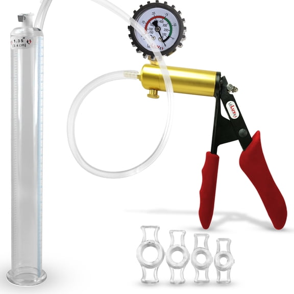 LeLuv Ultima Penis Pump, Brass w/ Red Handle, Silicone Grip, Clear Hose + Protected Gauge | 4 Cock Rings | 12" x 1.35" Cylinder