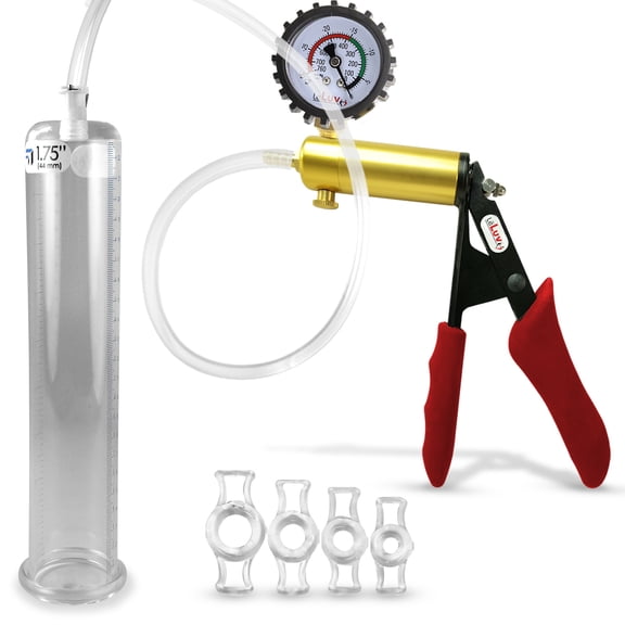 LeLuv Ultima Penis Pump, Brass w/ Red Handle, Silicone Grip, Clear Hose + Protected Gauge | 4 Cock Rings | 9" x 1.75" Cylinder