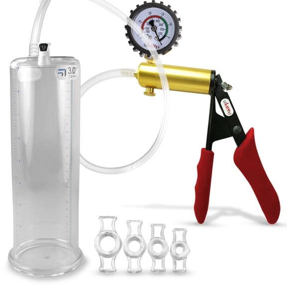 LeLuv Ultima Penis Pump, Brass w/ Red Handle, Silicone Grip, Clear Hose + Protected Gauge | 4 Cock Rings | 9" x 3.00" Cylinder