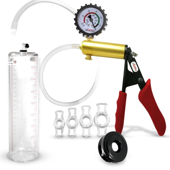 LeLuv Ultima Penis Pump, Brass w/ Red Handle, Silicone Grip, Clear Hose + Protected Gauge | Silicone, 4 Cock Rings | 9" x 2.25" Cylinder